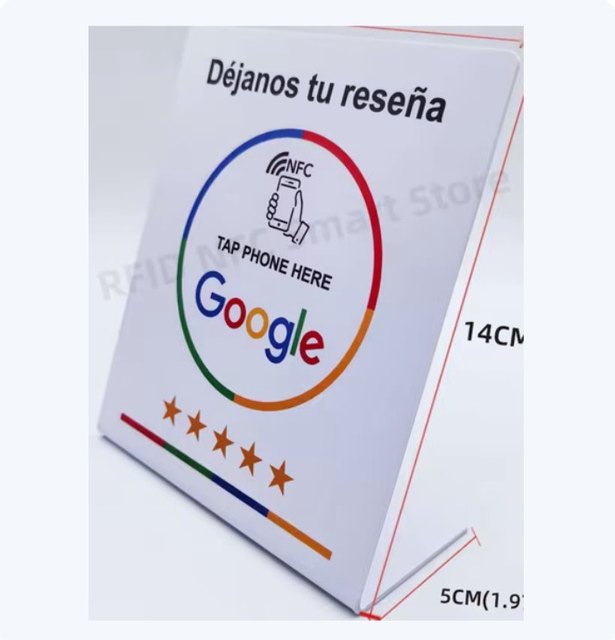 Expositor de reseñas NFC en forma de L con el mensaje Déjanos tu reseña