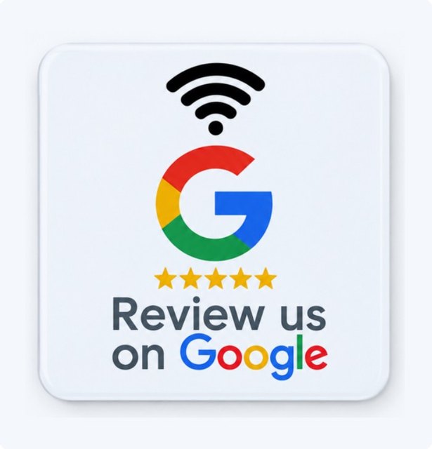 Pegatina NFC cuadrada para mesas con el texto Review us on Google