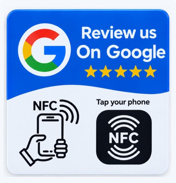 Placa NFC de mostrador con el texto Review us on Google
